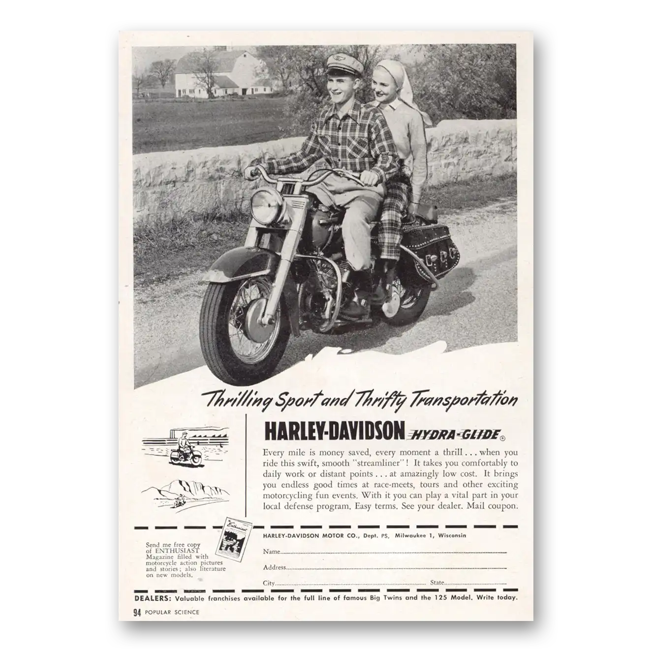 1951 Harley Davidson Thrilling Sport Vintage Magazine Print Ad