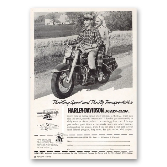 1951 Harley Davidson Thrilling Sport Vintage Magazine Print Ad