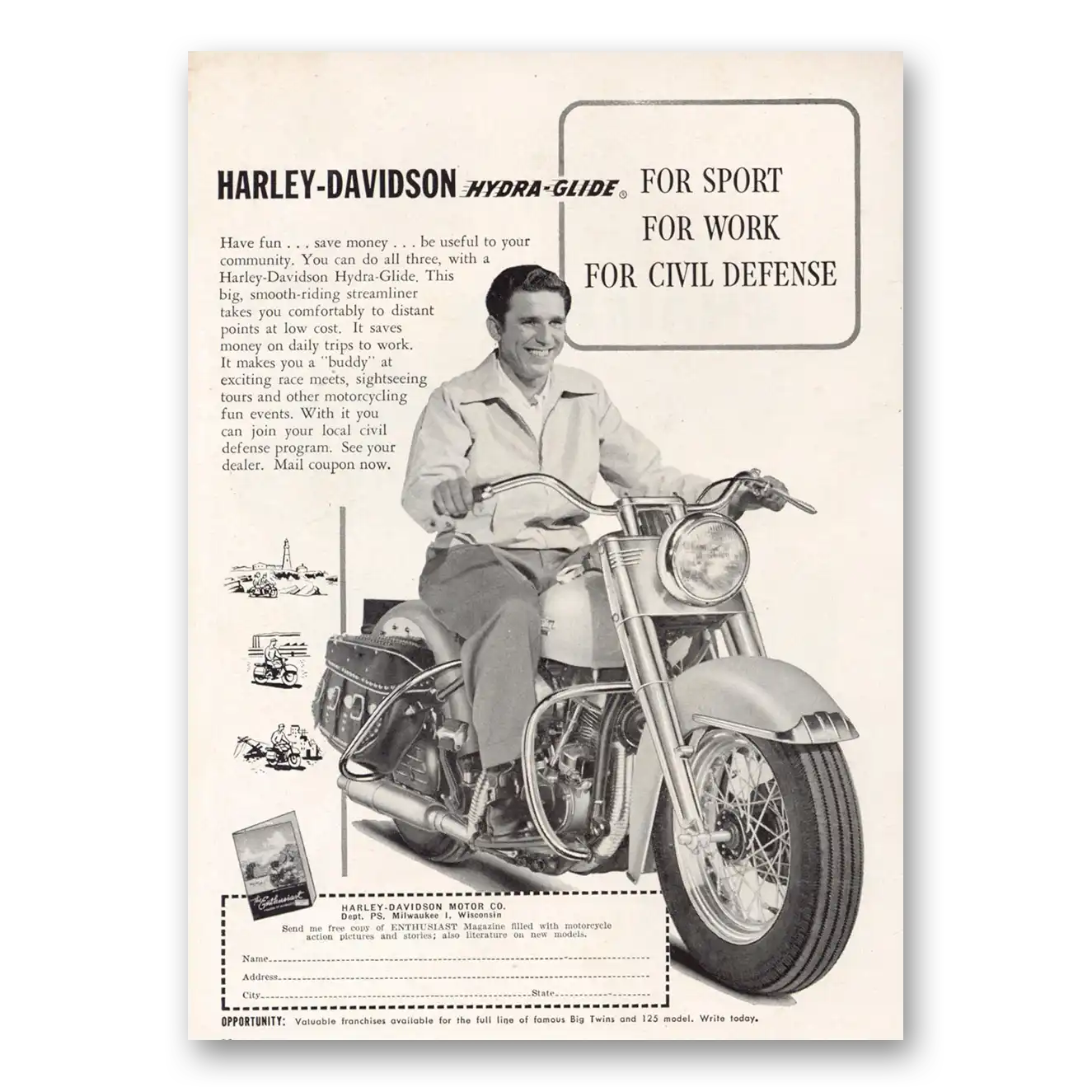 1951 Harley Davidson Hydra Glide For Sport For Work For Civil Defense Vintage Magazine Print Ad