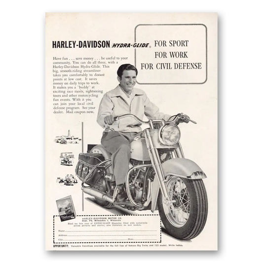 1951 Harley Davidson Hydra Glide For Sport For Work For Civil Defense Vintage Magazine Print Ad