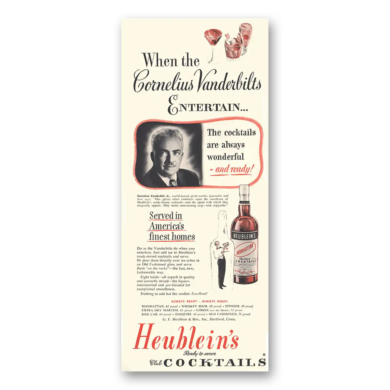 1951 Heublein Cocktails When the Cornelius Vanderbilts Entertain Vintage Magazine Print Ad