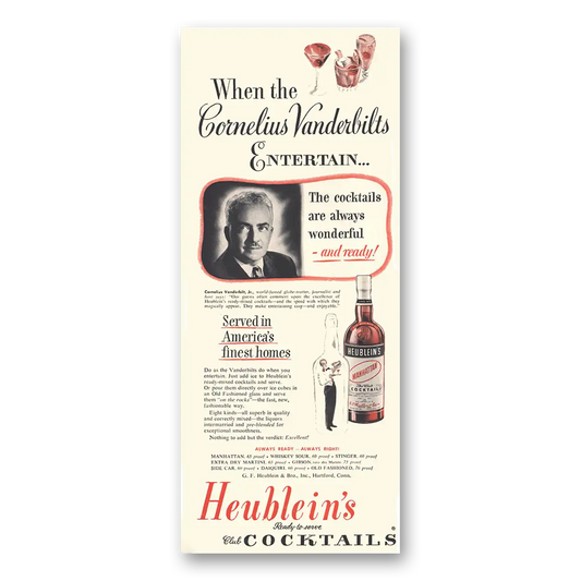 1951 Heublein Cocktails When the Cornelius Vanderbilts Entertain Vintage Magazine Print Ad