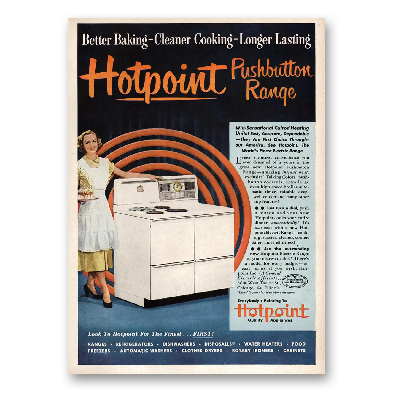 1951 Hotpoint Oven Pushbutton Range Better Baking Cleaner Cooking Vintage Magazine Print Ad