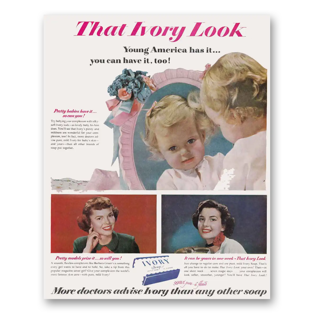 1951 Ivory Soap That Ivory Look Young America Vintage Magazine Print Ad