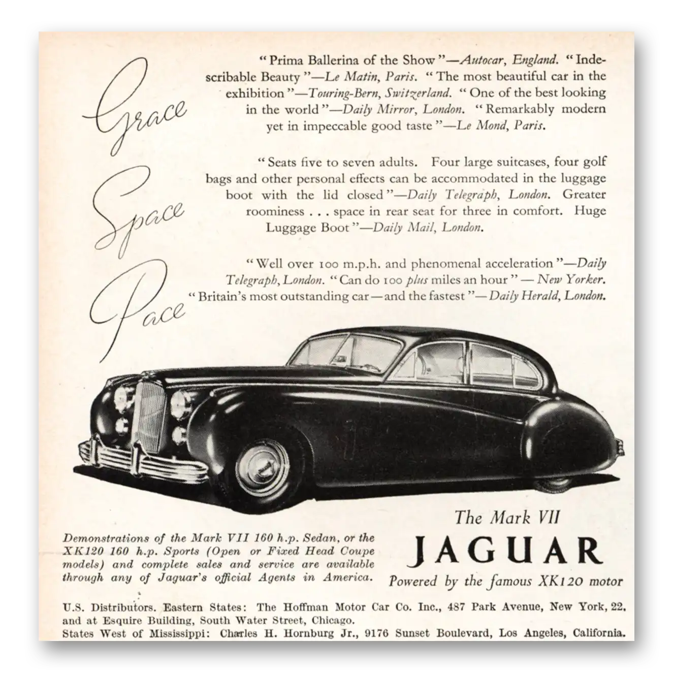 1951 Jaguar Mark VII Grace Space Pace Vintage Magazine Print Ad