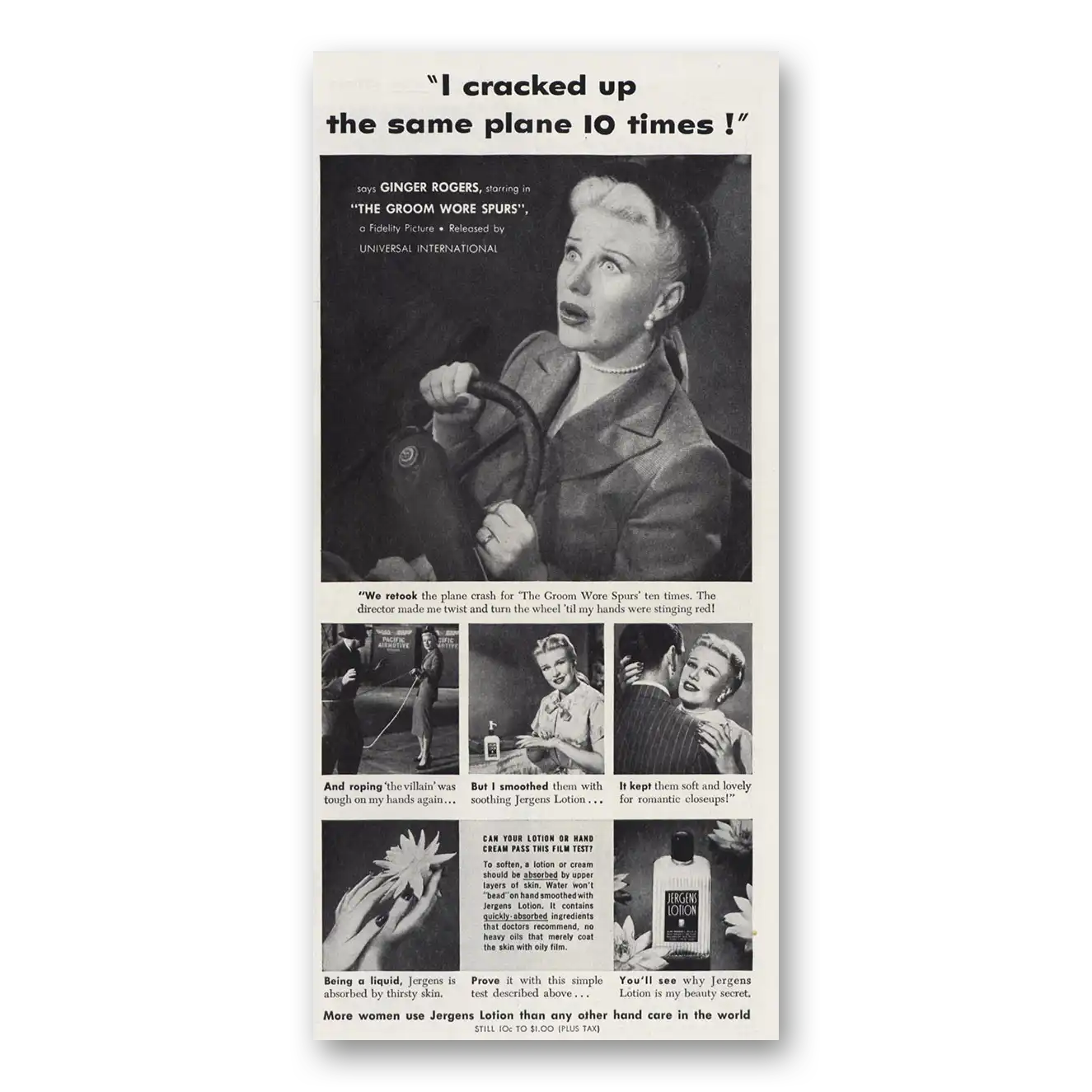 1951 Jergens Lotion Ginger Rogers I Cracked Up the Same Plane Vintage Magazine Print Ad