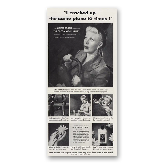 1951 Jergens Lotion Ginger Rogers I Cracked Up the Same Plane Vintage Magazine Print Ad