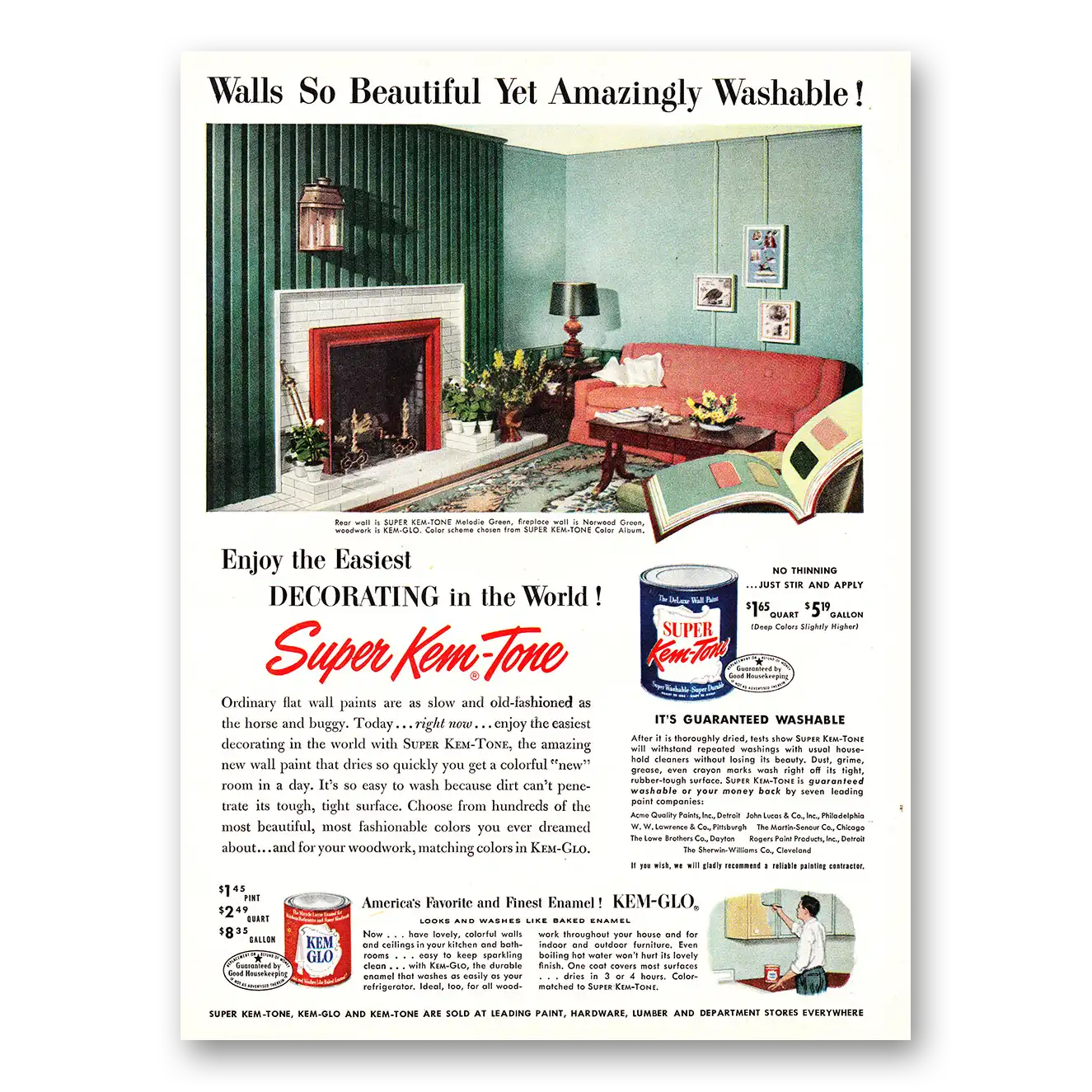 1952 Super Kem Tone Paint Walls So Beautiful yet Amazingly Washable Vintage Magazine Print Ad