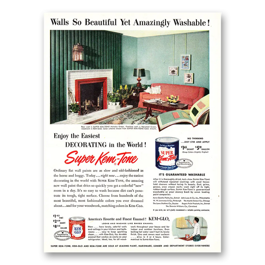 1952 Super Kem Tone Paint Walls So Beautiful yet Amazingly Washable Vintage Magazine Print Ad