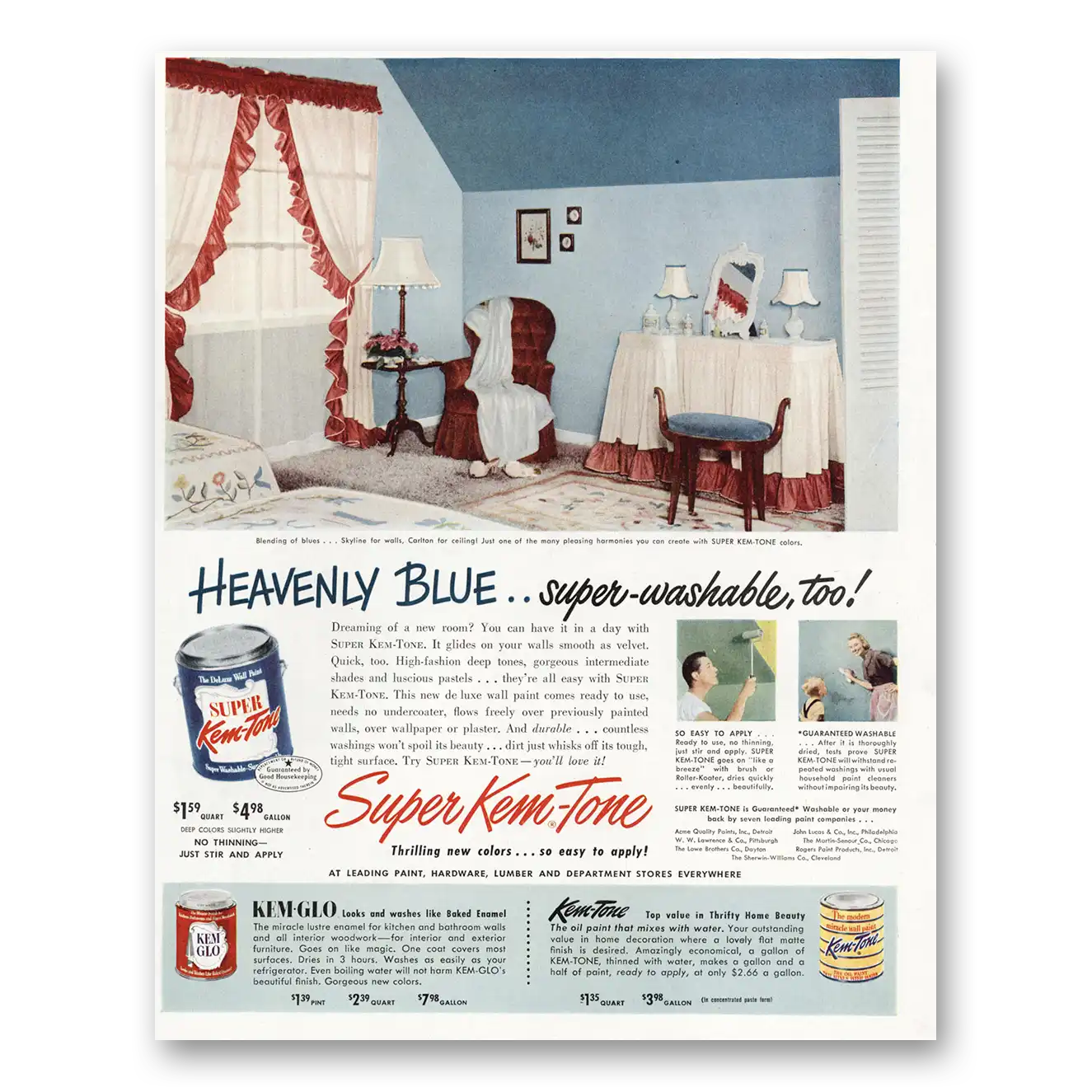 1951 Super Kem Tone Paint Heavenly Blue Super Washable Too Vintage Magazine Print Ad