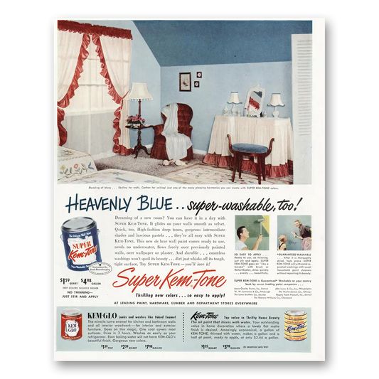 1951 Super Kem Tone Paint Heavenly Blue Super Washable Too Vintage Magazine Print Ad