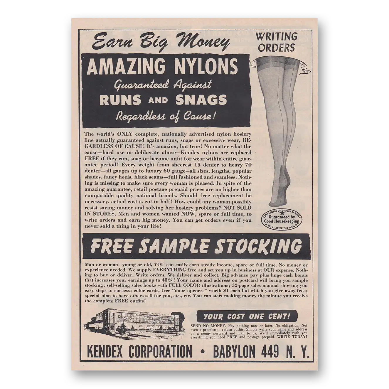 1951 Kendex Nylons Guaranteed Against Rugs and Snags Vintage Magazine Print Ad