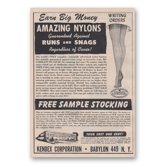 1951 Kendex Nylons Guaranteed Against Rugs and Snags Vintage Magazine Print Ad