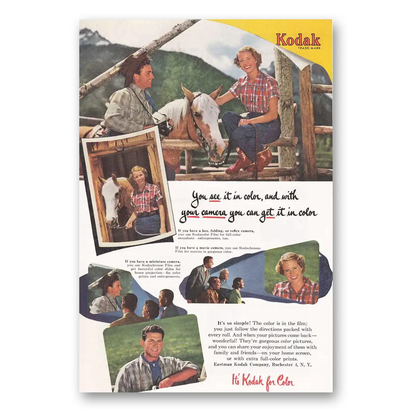 1951 Kodachrome Film Horse Ranch Vintage Magazine Print Ad