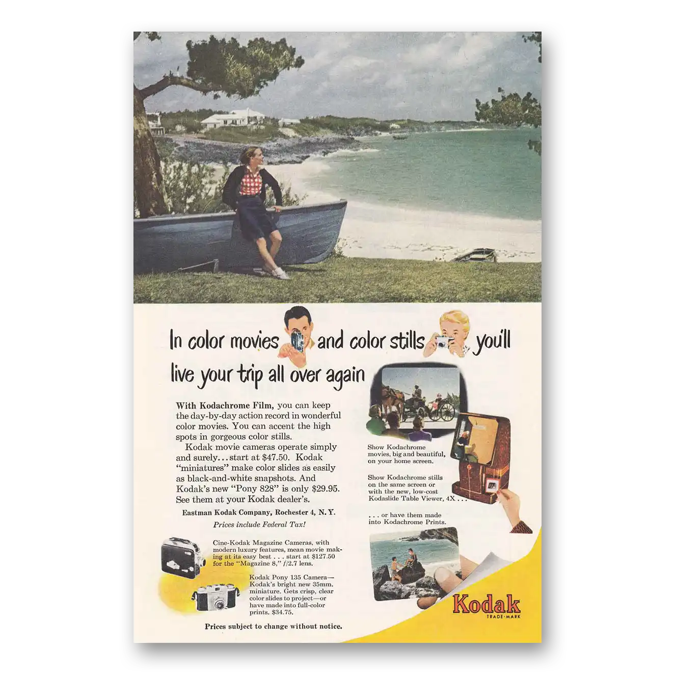 1951 Kodak Movie Camera Boat Beech Color Movies and Color Stills Vintage Magazine Print Ad