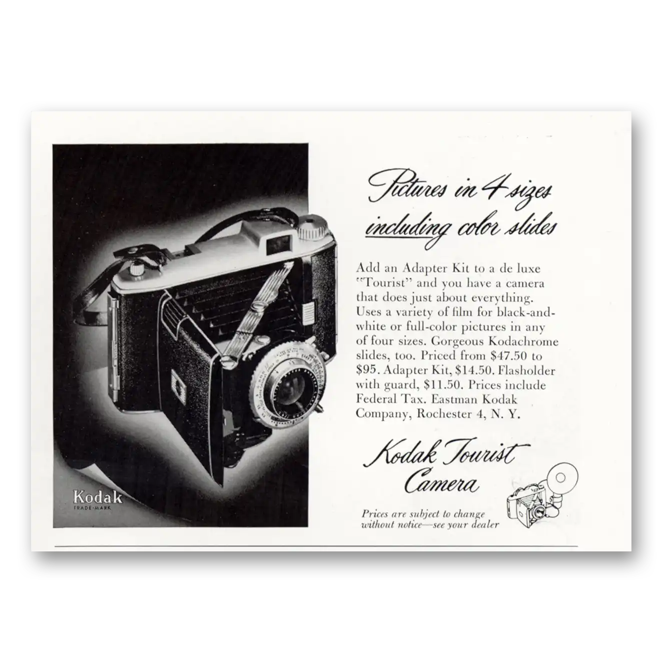 1951 Kodak Tourist Camera Pictures In 4 Sizes Vintage Magazine Print Ad