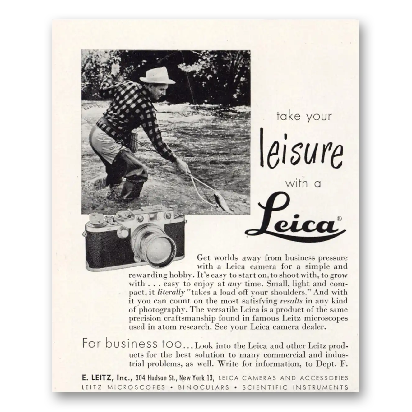 1951 Leica Cameras Take Your Leisure Fishing Vintage Magazine Print Ad