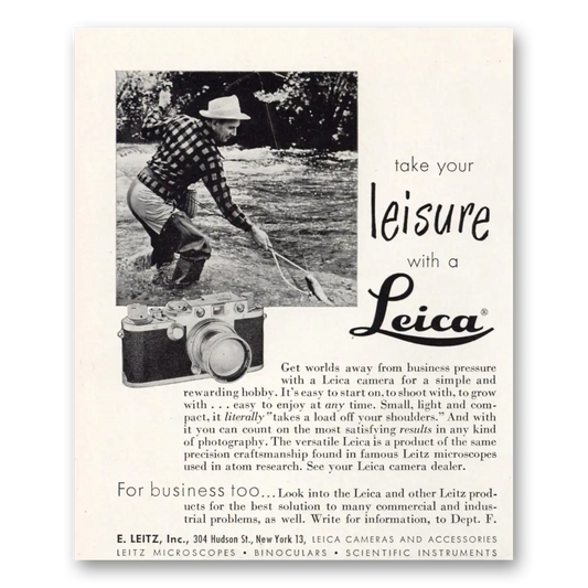 1951 Leica Cameras Take Your Leisure Fishing Vintage Magazine Print Ad