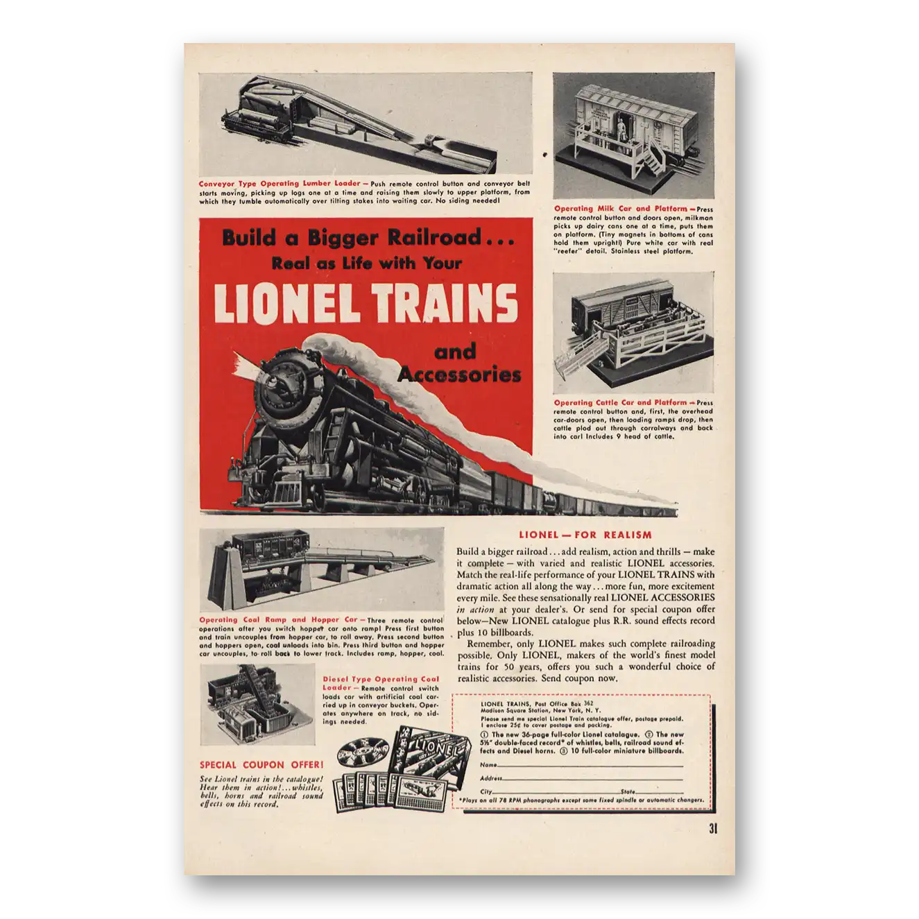 1951 Lionel Trains Build a Bigger Railroad Vintage Magazine Print Ad