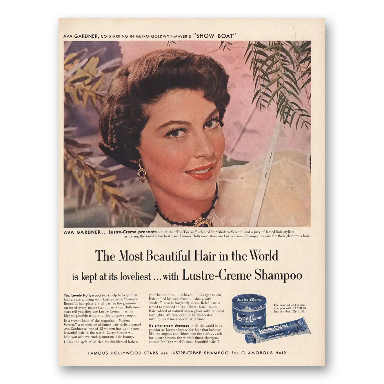 1951 Lustre Creme Shampoo Ava Gardner Show Boat Vintage Magazine Print Ad