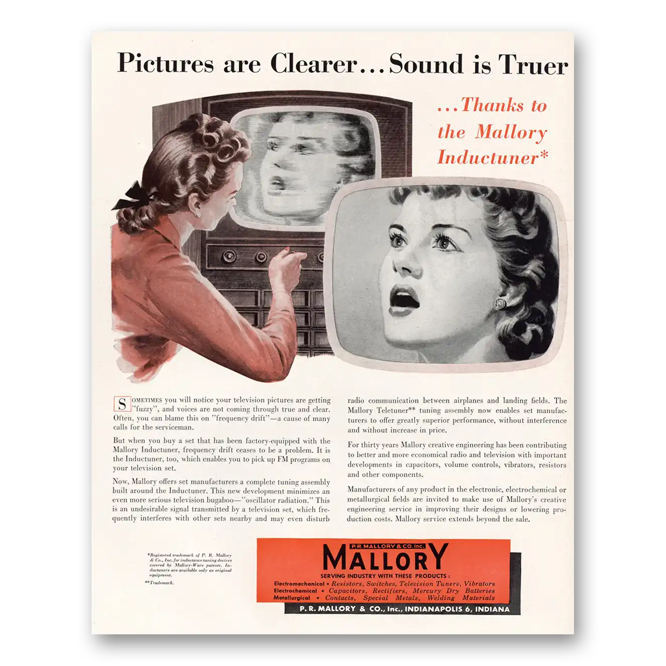 1951 Mallory Inductuner Pictures are Clearer Vintage Magazine Print Ad