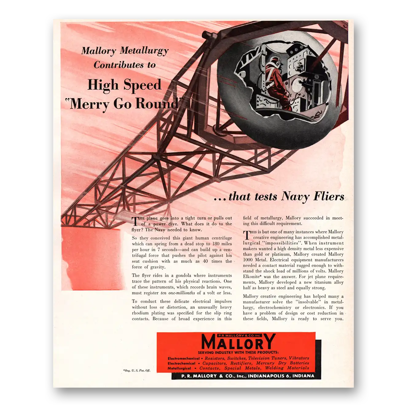 1951 Mallory Merry Go Round Tests Navy Fliers Vintage Magazine Print Ad