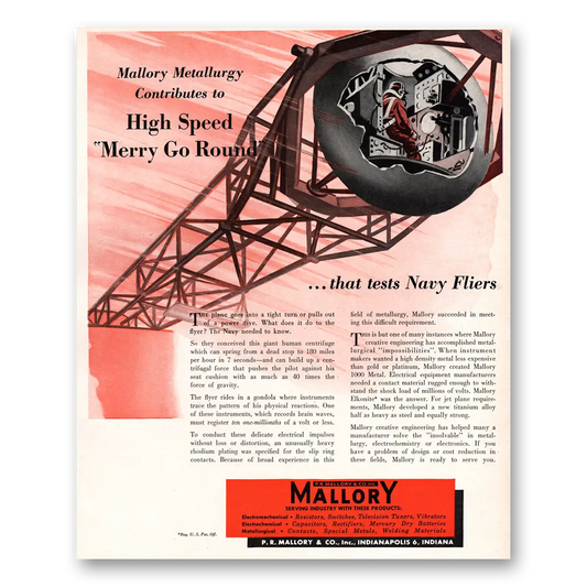 1951 Mallory Merry Go Round Tests Navy Fliers Vintage Magazine Print Ad