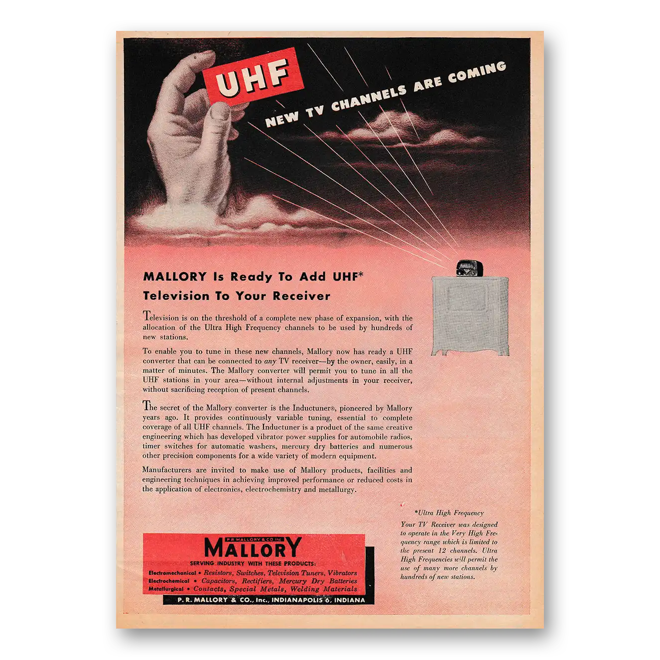 1951 Mallory UHF New TV Channels Are Coming Vintage Magazine Print Ad