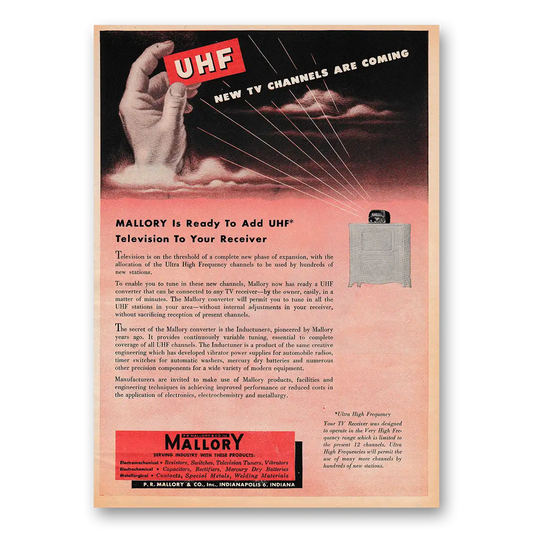 1951 Mallory UHF New TV Channels Are Coming Vintage Magazine Print Ad