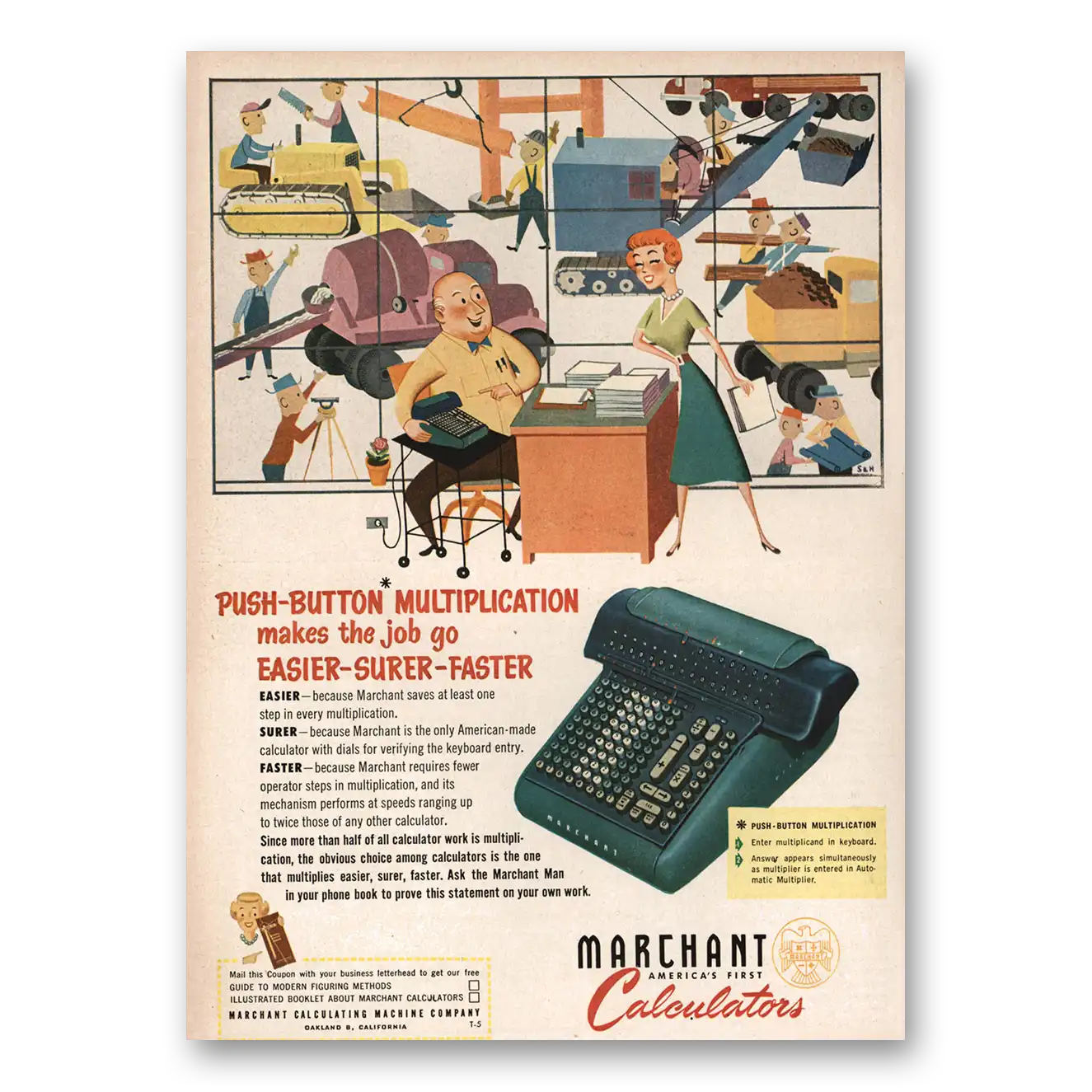 1951 Marchant Calculating Machine Push Button Multiplication Easier Vintage Magazine Print Ad