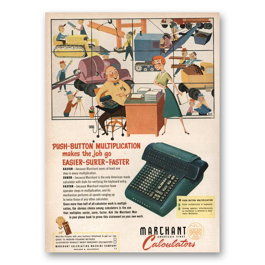 1951 Marchant Calculating Machine Push Button Multiplication Easier Vintage Magazine Print Ad