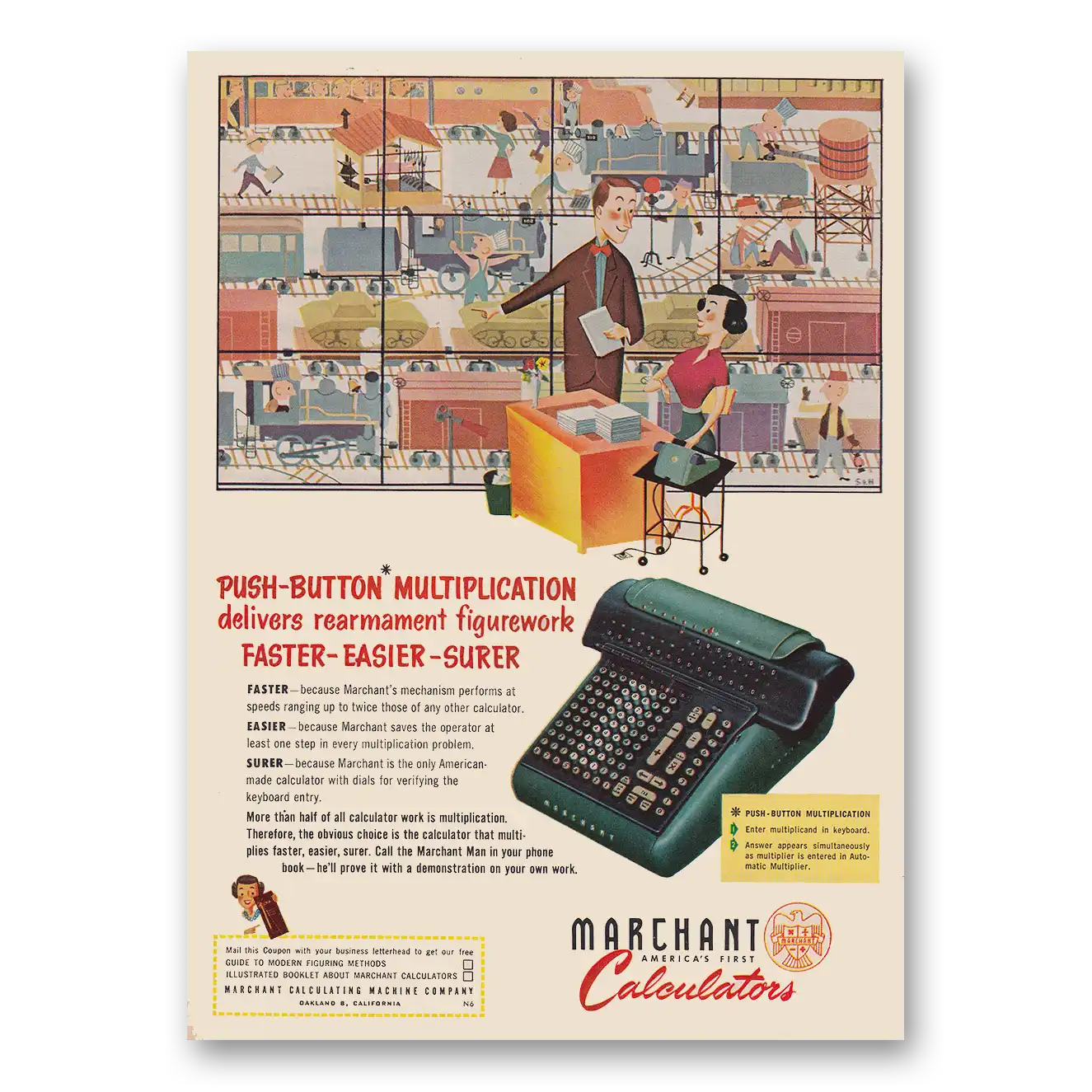 1951 Marchant Calculating Machine Push Button Multiplication Vintage Magazine Print Ad