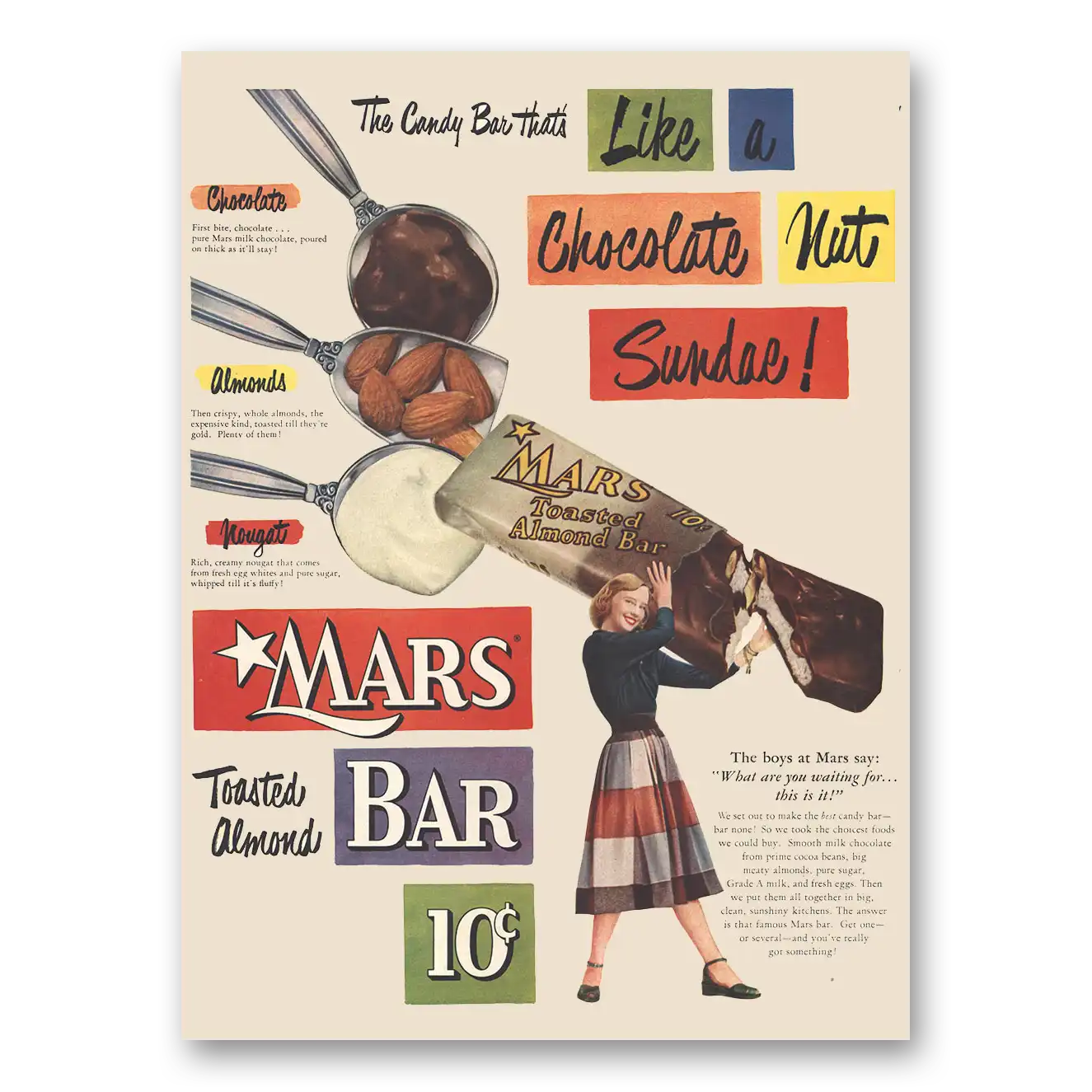 1951 Mars Candy Bar Like Chocolate Nut Sundae Vintage Magazine Print Ad