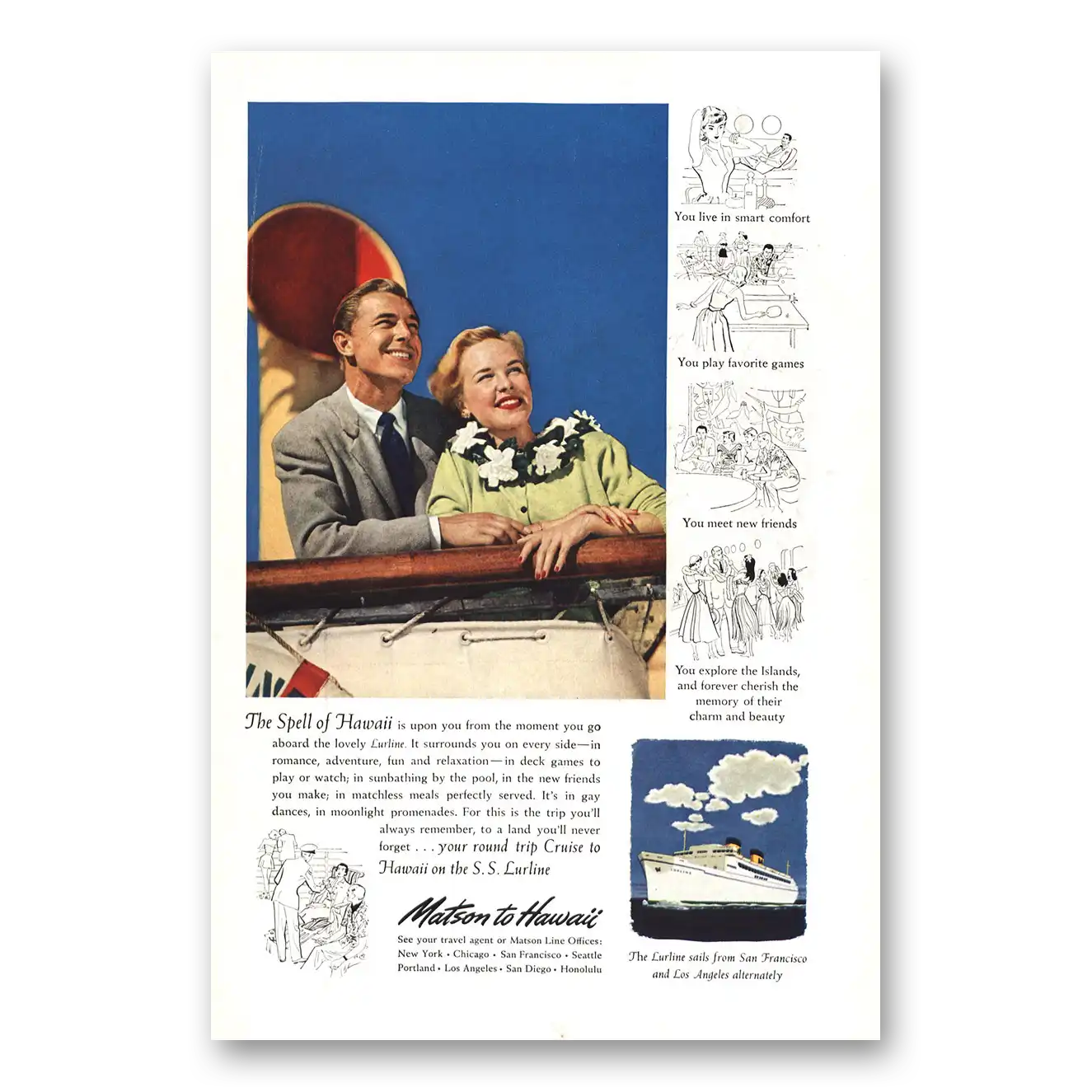 1951 Matson Line Lurline Spell of Hawaii Vintage Magazine Print Ad