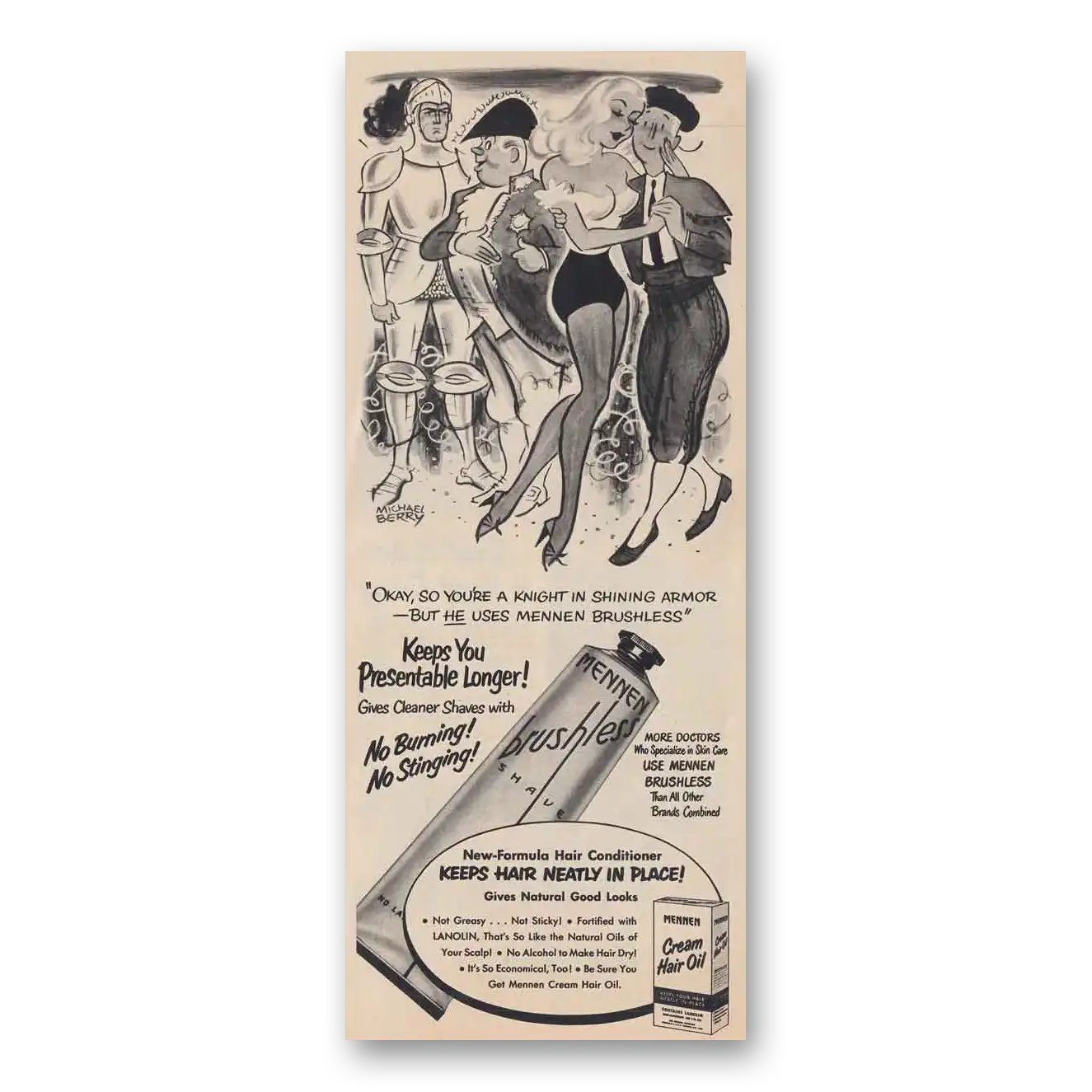 1951 Mennen Brushless Shave Cream Brushless Shave Michael Berry Vintage Magazine Print Ad