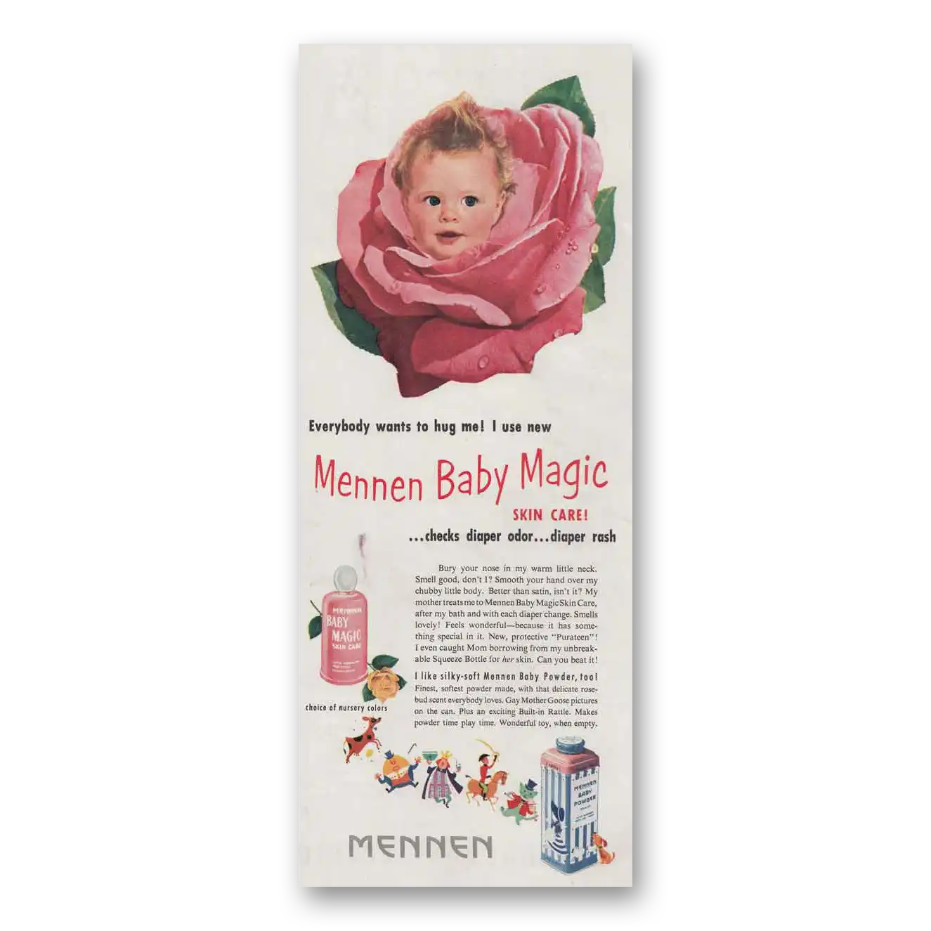 1951 Mennen Baby Magic Skin Care Everybody Wants to Hug Me Vintage Magazine Print Ad