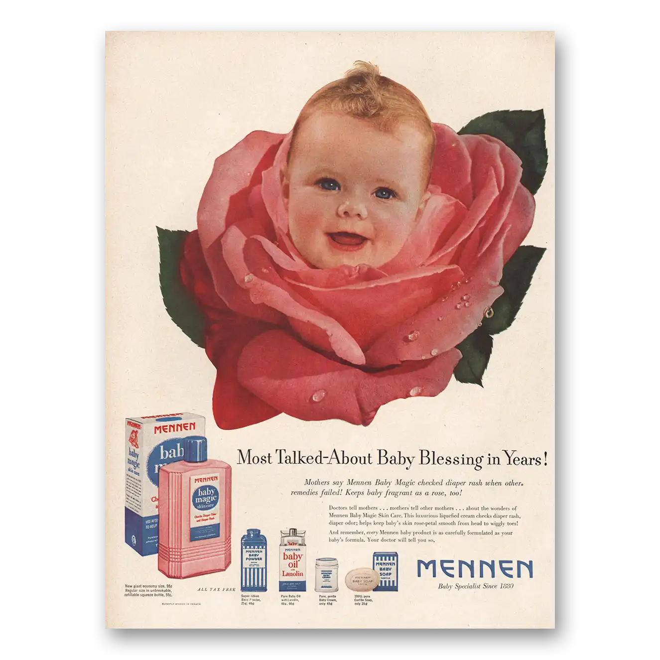 1951 Mennen Baby Magic Most Talked About Baby Blessing Vintage Magazine Print Ad