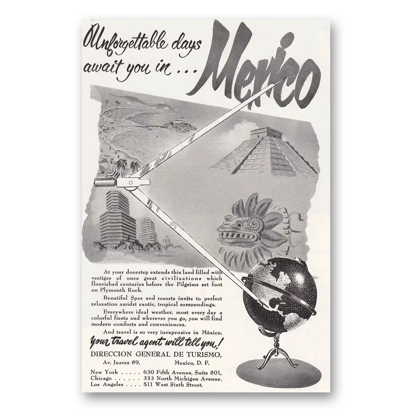 1951 Mexico Unforgettable Days Vintage Magazine Print Ad