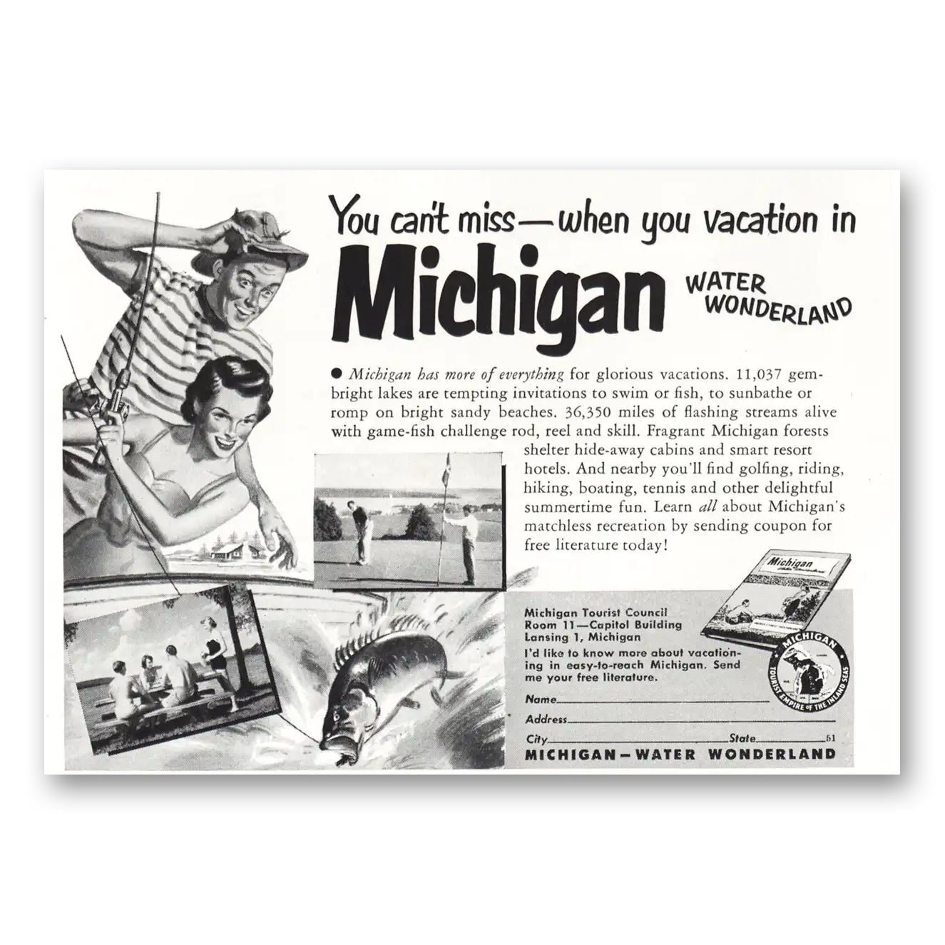 1951 Michigan You Can't Miss Water Wonderland Vintage Magazine Print Ad