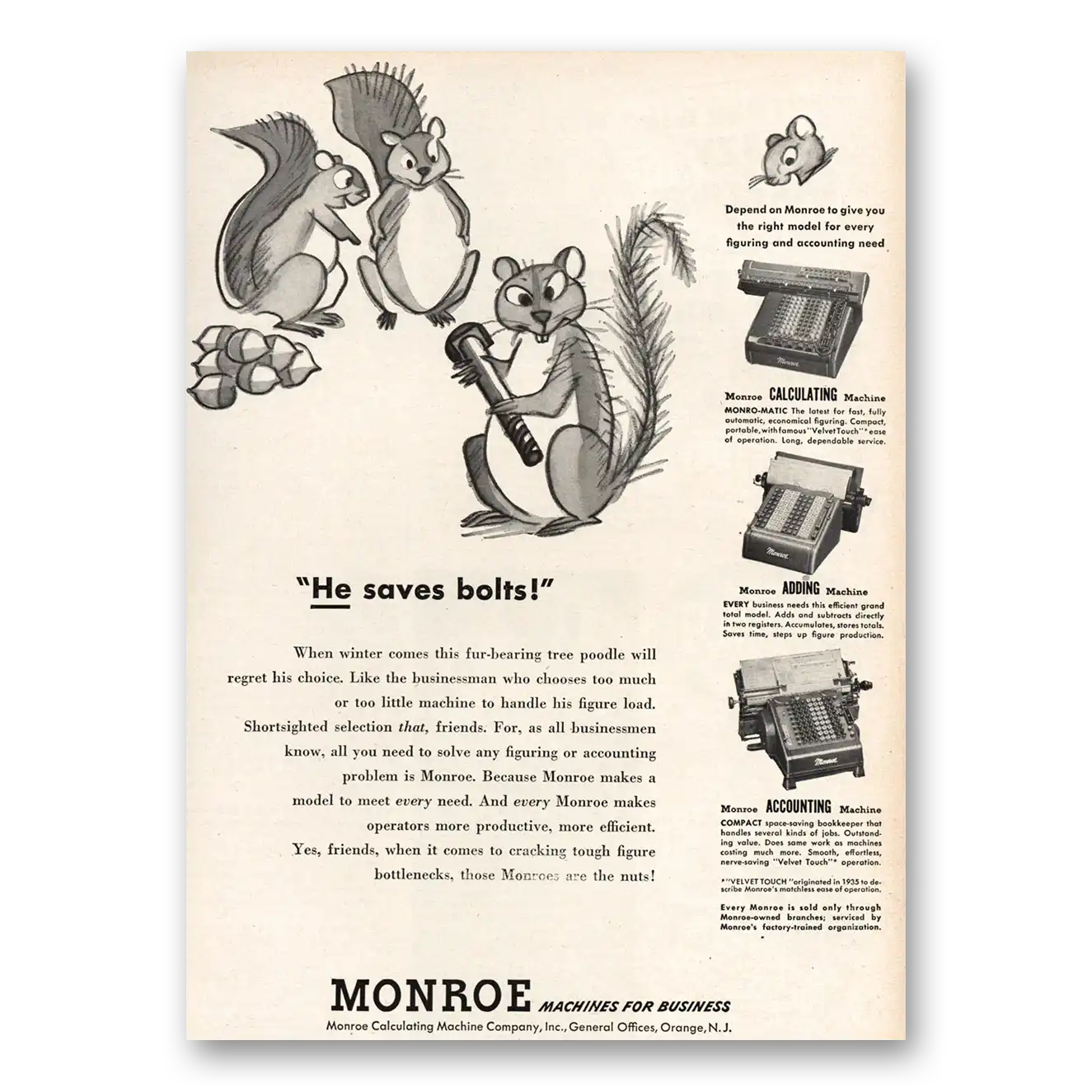 1951 Monroe Calculating Machines Adding Machines He Saves Bolts Vintage Magazine Print Ad