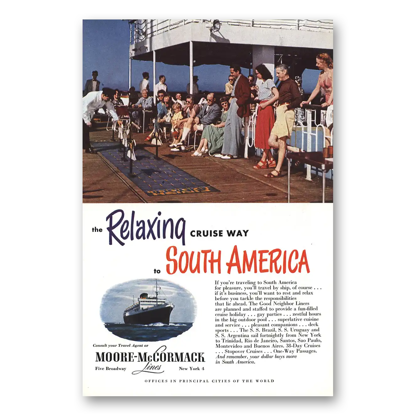 1951 Moore McCormack Lines Relaxing Cruise to South America Vintage Magazine Print Ad