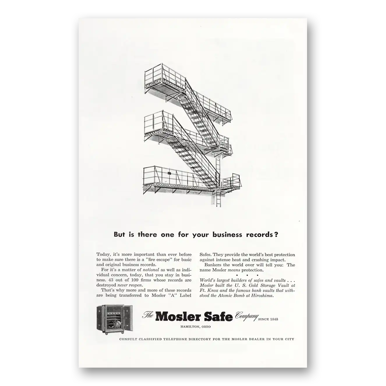 1951 Mosler Safe One for Your Business Records Vintage Magazine Print Ad