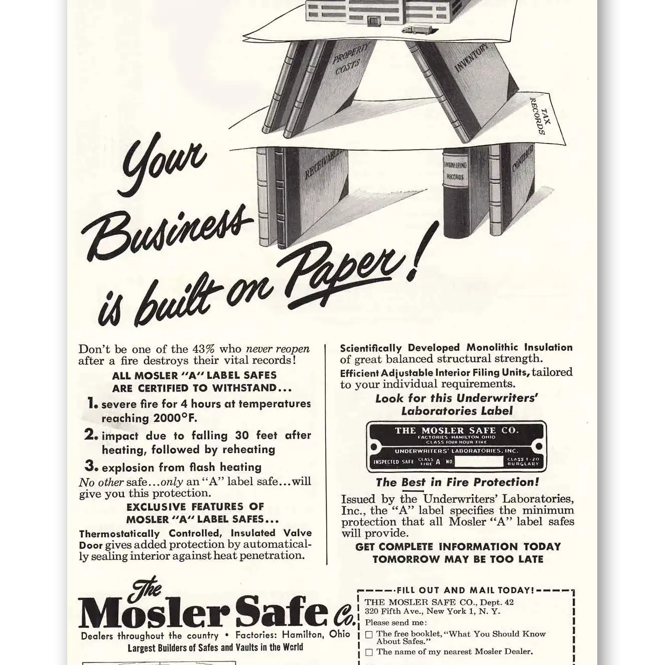 1951 Mosler Safe Your Business is Built on Paper Vintage Magazine Print Ad