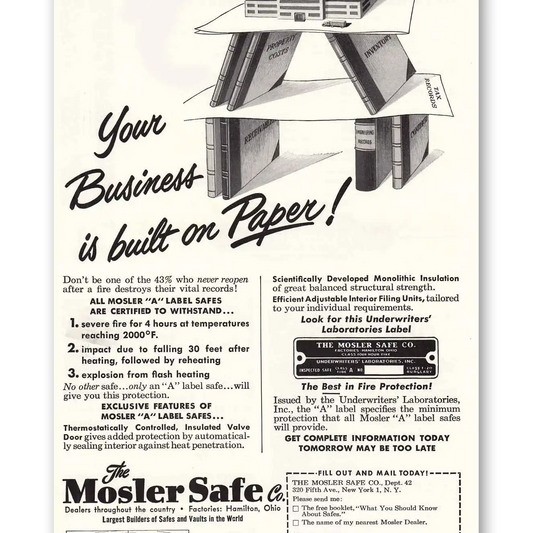 1951 Mosler Safe Your Business is Built on Paper Vintage Magazine Print Ad