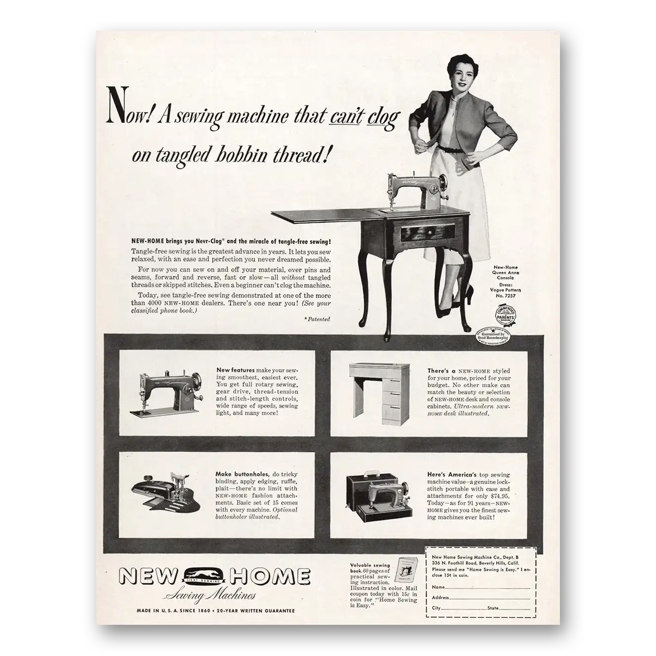 1951 New Home Sewing Machine Dog On Tangled Bobbin Vintage Magazine Print Ad