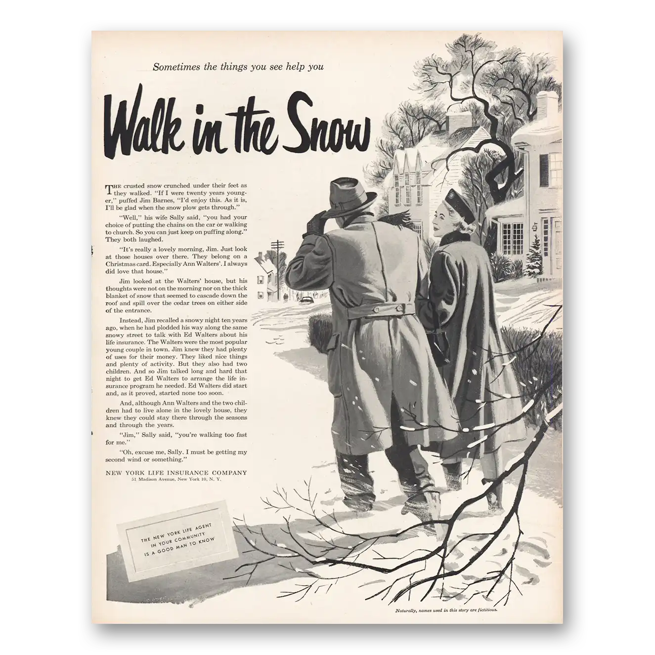 1951 New York Life Insurance Walk In the Snow Vintage Magazine Print Ad