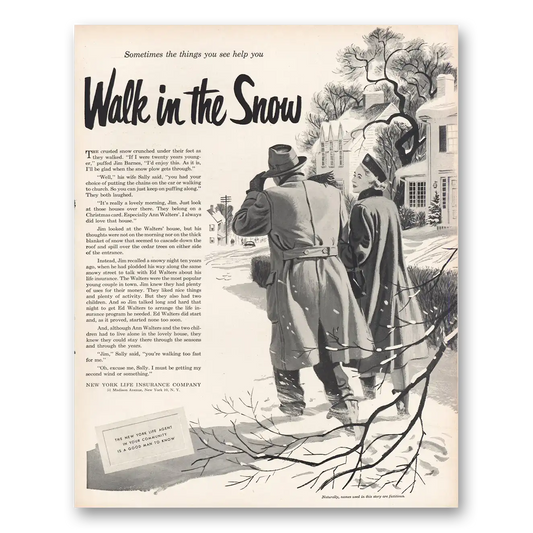 1951 New York Life Insurance Walk In the Snow Vintage Magazine Print Ad