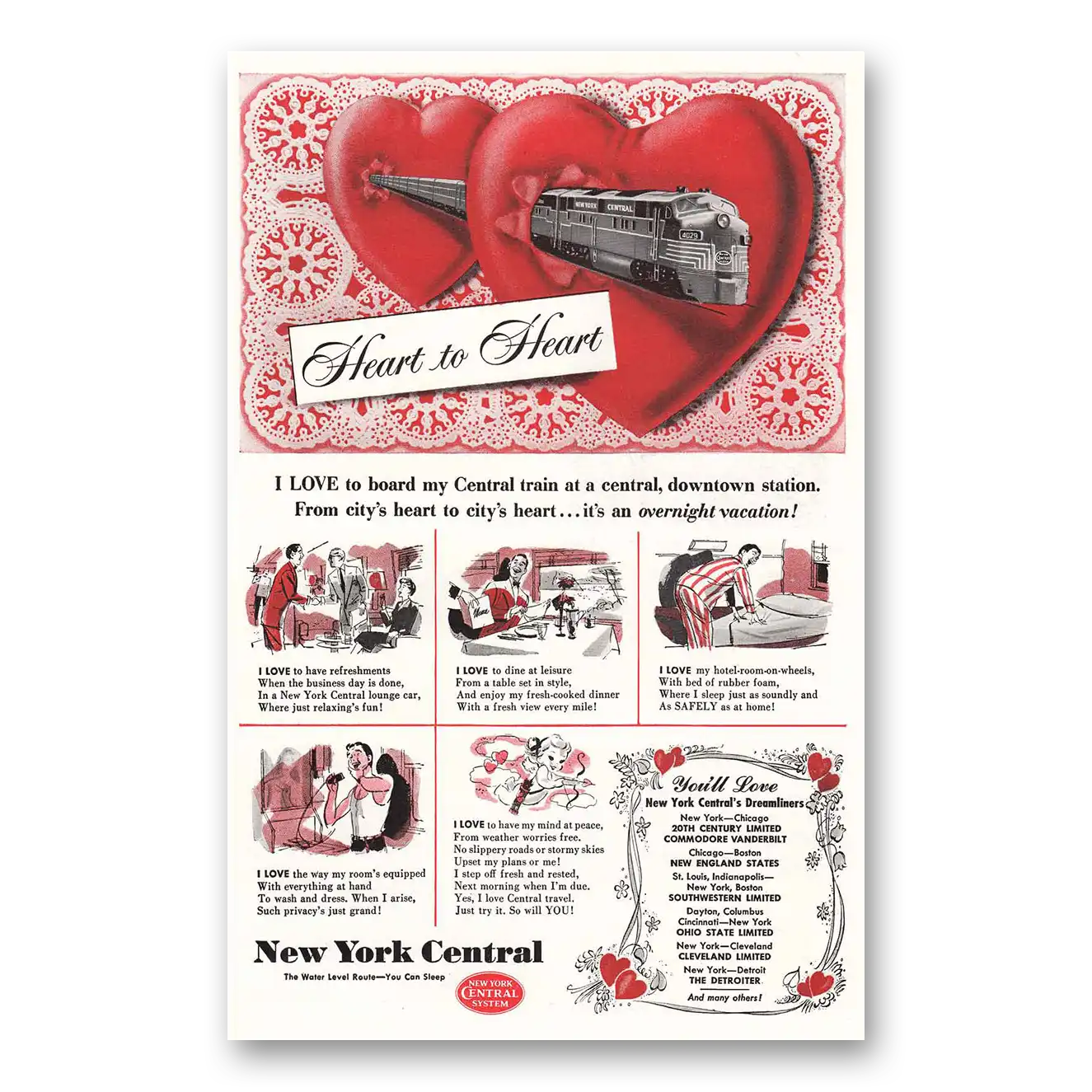 1951 New York Central Heart to Heart I Love To Board Vintage Magazine Print Ad