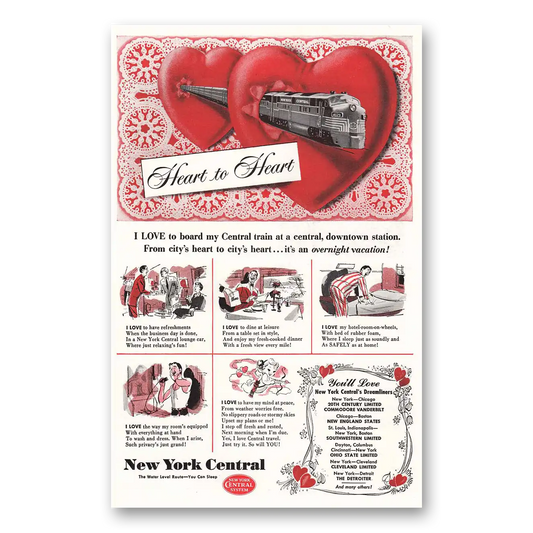 1951 New York Central Heart to Heart I Love To Board Vintage Magazine Print Ad