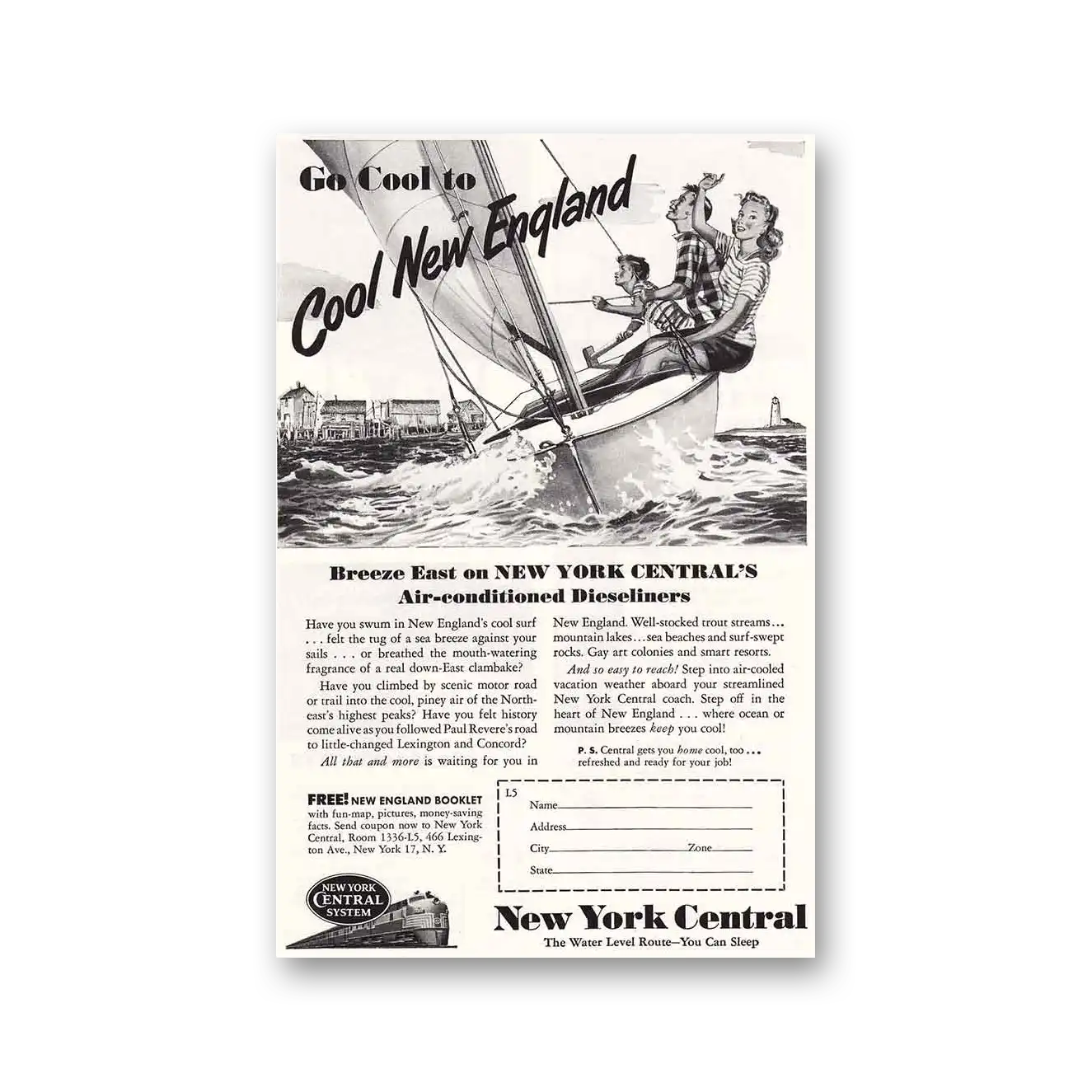 1951 New York Central Go Cool to Cool New England Sailboat Vintage Magazine Print Ad